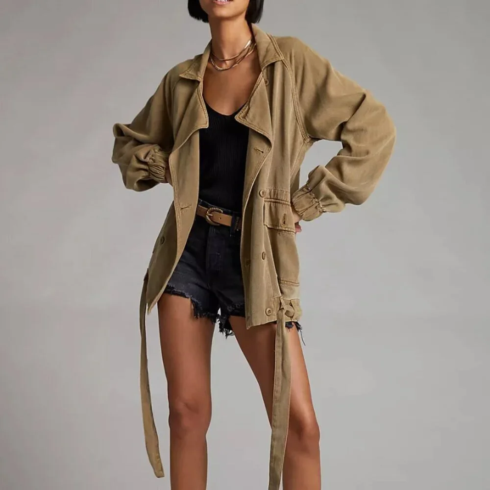 Anthropologie Draped Utility Safari Jacket Sage Green Belted Womens S